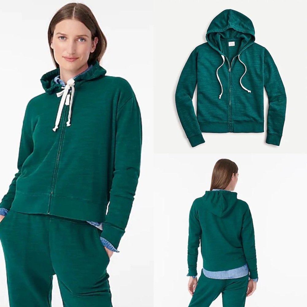Green J.Crew cropped lightweight hoodie made from vintage cotton terry fabric